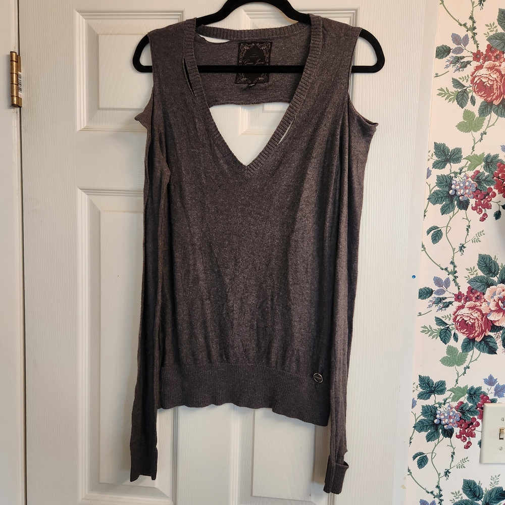 Guess Jeans- Women’s Cold-Shoulder V-Neck Sweater Top - Gray
